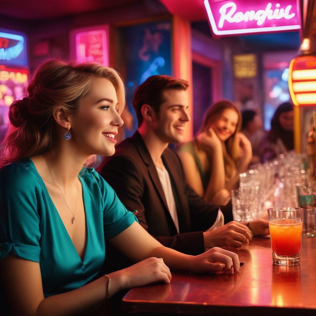 A split scene showcasing contrasting emotions: on one side, a vibrant nightlife atmosphere with laughing adults, neon lights, and playful interactions; on the other, a more subdued setting with soft lighting, introspective figures experiencing moments of melancholy. Incorporate elements like a jukebox and cocktail glasses for fun, while adding artful shadows and muted tones for the melancholic side. The image should evoke a sense of balance between joy and sadness. vibrant colors. super-realistic. dynamic composition.