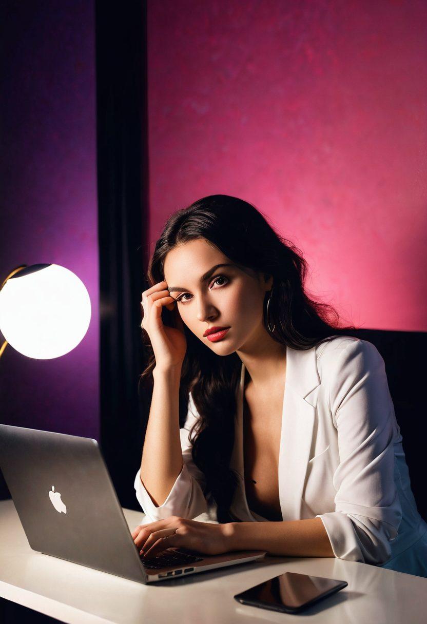 A striking image of a glamorous webcam performer sitting elegantly in a modern, stylish room, surrounded by soft lighting and vibrant decor. The performer has a wistful expression, hinting at the sad yet stunning duality of their profession, with a laptop open displaying a live chat interface. Incorporate elements of fashion, artistry, and technology, blending juxtaposed emotions. Dramatic shadows and colors that evoke both beauty and melancholy. super-realistic. vibrant colors. 3D.